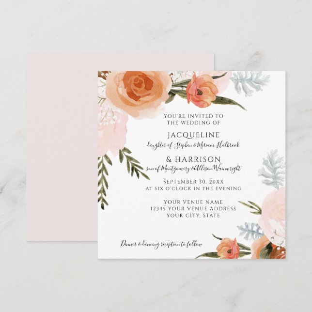 Invitación Floral de agua Rubor Peach Gray Foliage Boda (Anverso / Reverso)