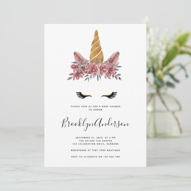 Invitación Floral de agua unicornio Baby Shower (Anverso de pie)