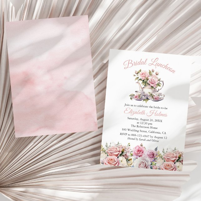 Invitación floral de almuerzo de boda rosa rubor (Blush Pink Roses Tea Set Bridal Luncheon Invitation on  a sunny neutral dry palm leaf.)