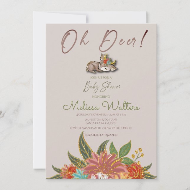 Invitación Floral de animales salvajes de bosque de venados d (Anverso)