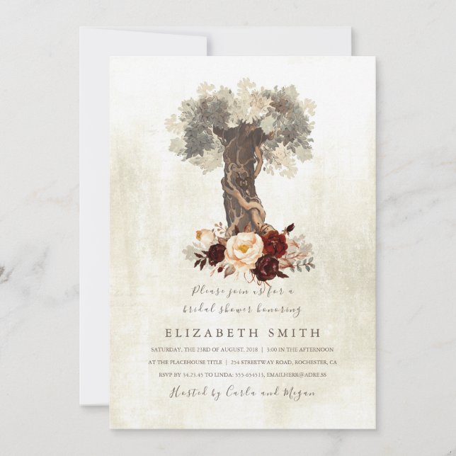 Invitación Floral de árbol rústico borgoña ducha de novia (Anverso)
