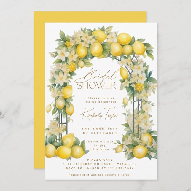 Invitación Floral de arca limón Boho ducha de novia amarilla (Anverso / Reverso)