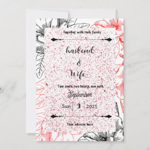 Invitación Floral de Arte de Línea Negra y Motas de Alto Cont