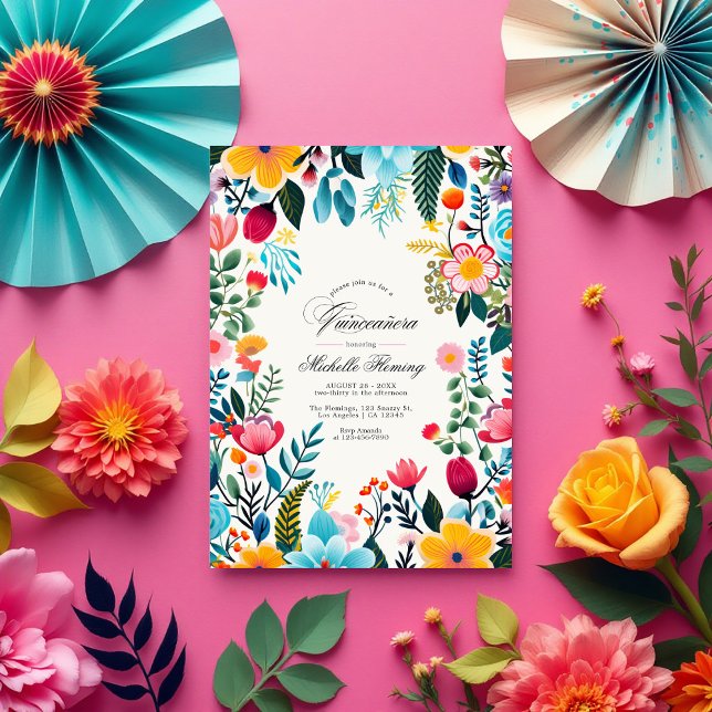 Invitación Floral de arte folclórico mexicano Quinceañera Fot (Mexican Folk Art Floral Quinceañera Photo Invitation)