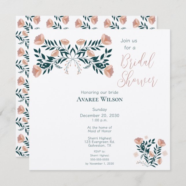 Invitación Floral de arte folclórico rosa y Verde azulado (Anverso / Reverso)