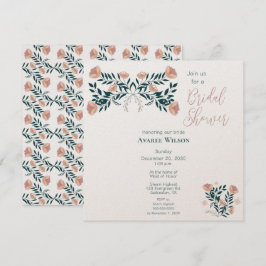 Invitación Floral de arte folclórico rosa y Verde azulado