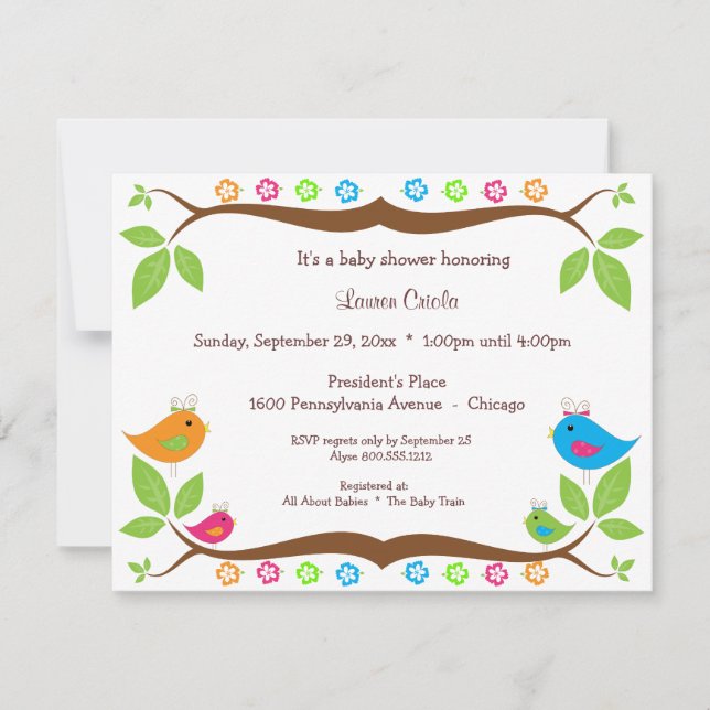 Invitación floral de Baby Shower a cuatro aves (Anverso)