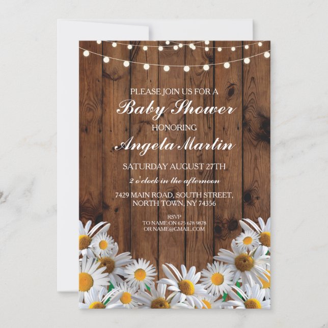 Invitación floral de Baby Shower Daisy Wood Rustic (Anverso)