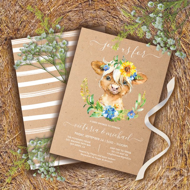 Invitación floral de Baby Shower de Highland Cow (Subido por el creador)
