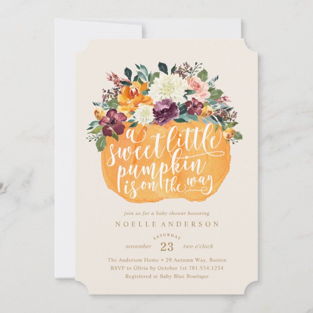 Invitación floral de Baby Shower de la calabaza (Anverso)