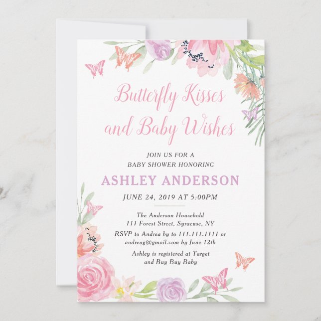 Invitación floral de Baby Shower de la mariposa (Anverso)