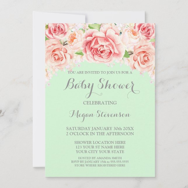 Invitación floral de Baby Shower de la menta de la (Reverso)