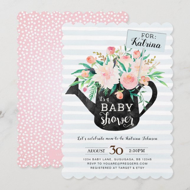 Invitación floral de Baby Shower de la regadera (Anverso / Reverso)