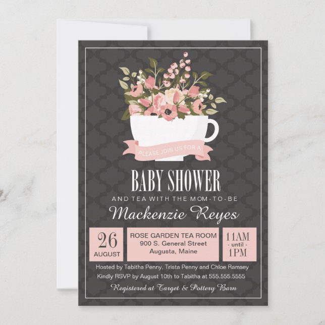 Invitación floral de Baby Shower de la taza de té, (Anverso)