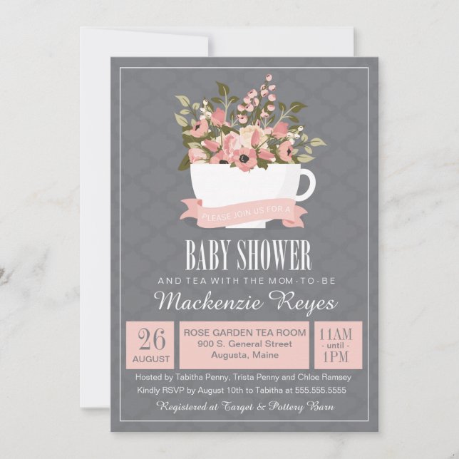 Invitación floral de Baby Shower de la taza de té, (Anverso)