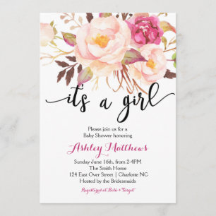 Invitación floral de Baby Shower de las plumas