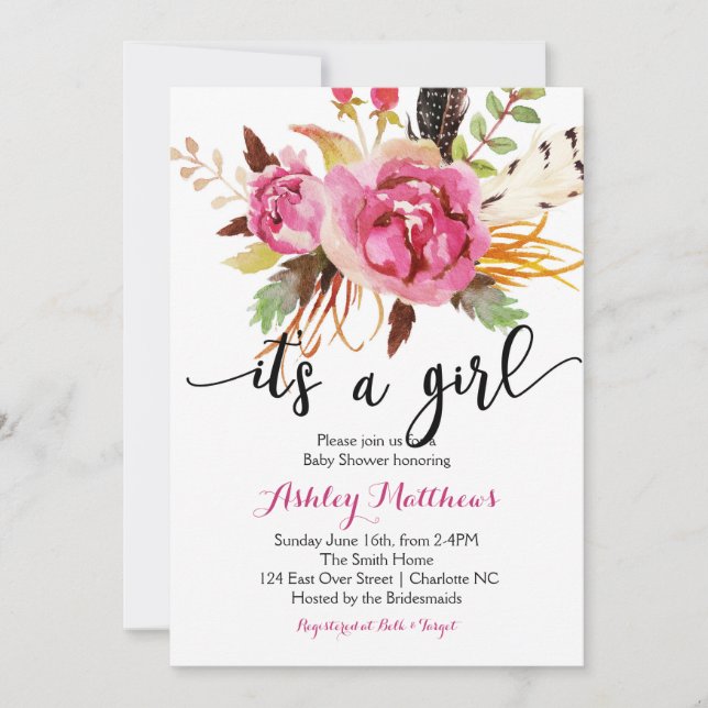 Invitación floral de Baby Shower de las plumas (Anverso)