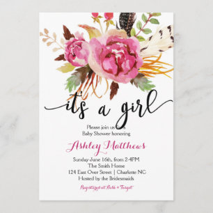 Invitación floral de Baby Shower de las plumas