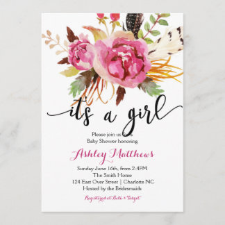 Invitación floral de Baby Shower de las plumas