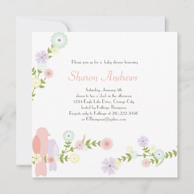 Invitación floral de Baby Shower de los pájaros (Anverso)