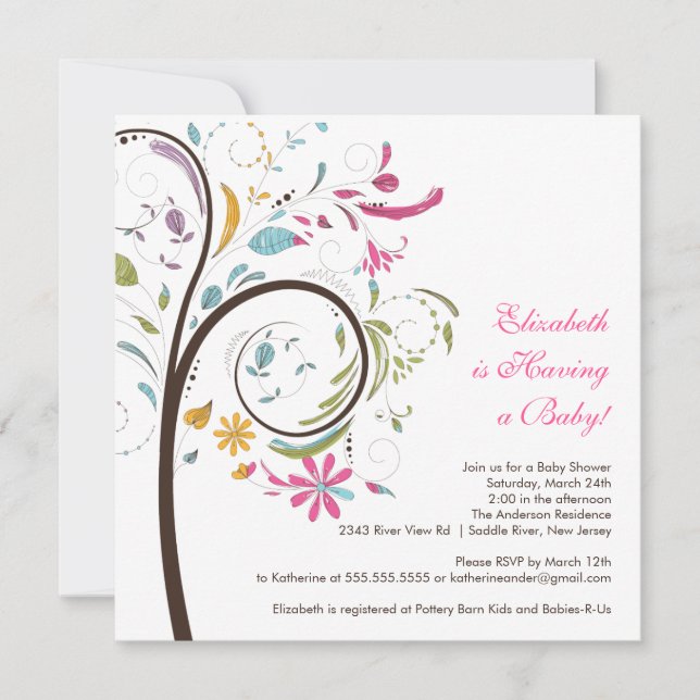 Invitación floral de Baby Shower del árbol de la (Anverso)