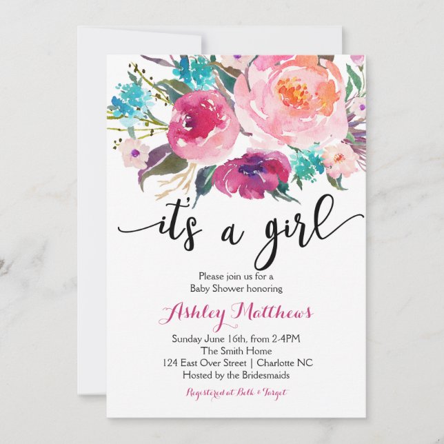 Invitación floral de Baby Shower del boho rosado (Anverso)