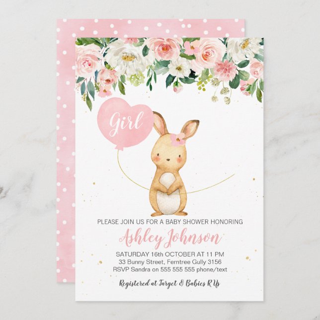 Invitación floral de Baby Shower del conejito de (Anverso / Reverso)