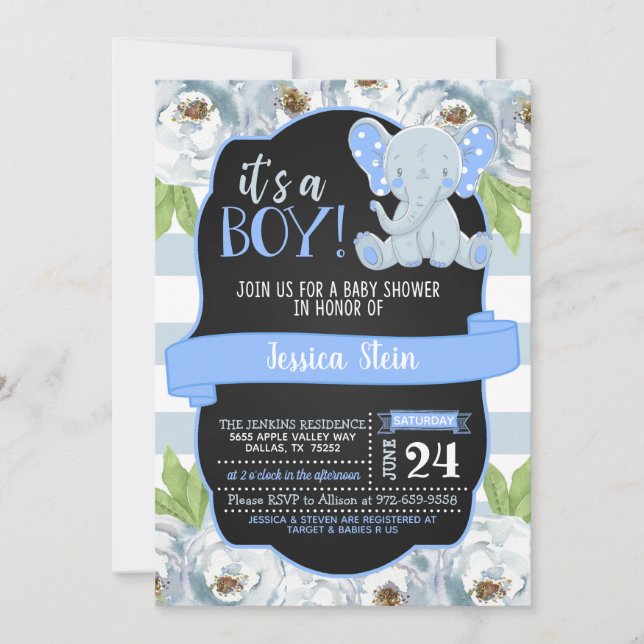 Invitación floral de Baby Shower del elefante - (Anverso)