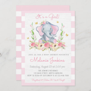 Invitación floral de Baby Shower del elefante del