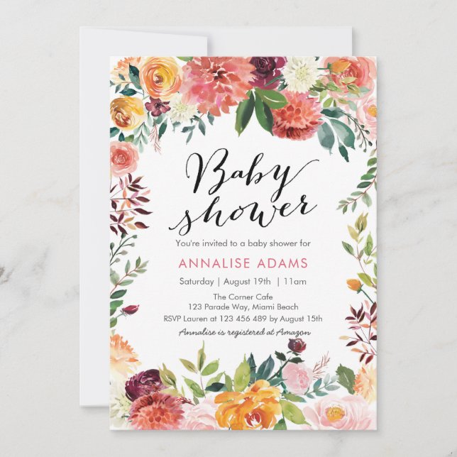 Invitación floral de Baby Shower del otoño de la (Anverso)