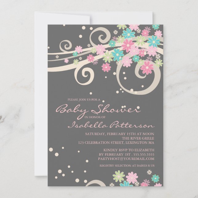 Invitación floral de Baby Shower del remolino del (Anverso)