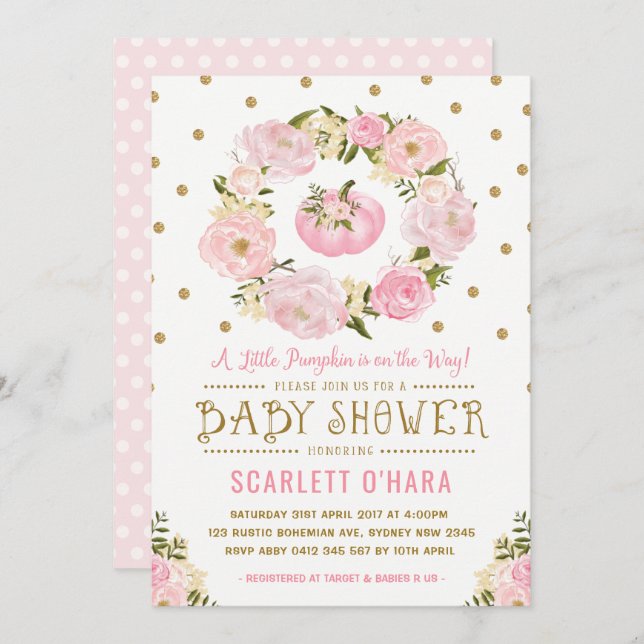 Invitación floral de Baby Shower del rosa y de la (Anverso / Reverso)