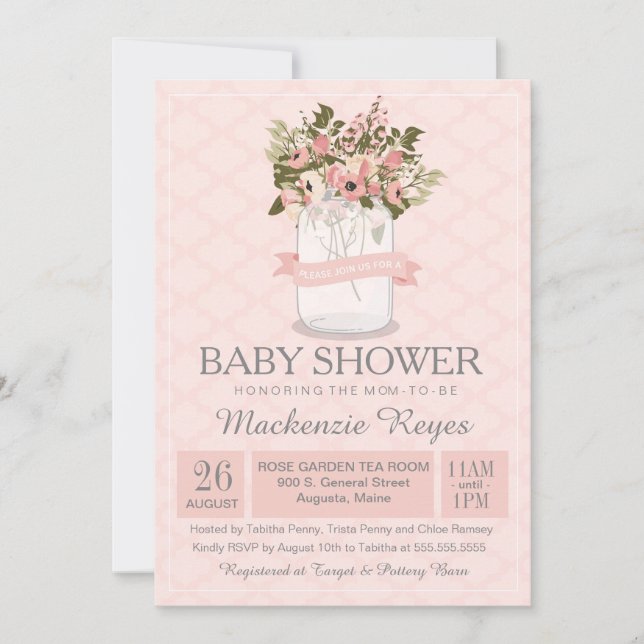 Invitación floral de Baby Shower del tarro de (Anverso)