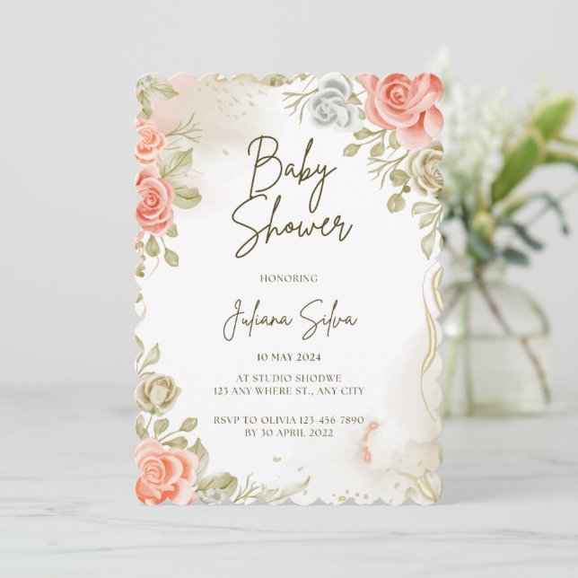 Invitación floral de Baby Shower en Beige (Anverso de pie)