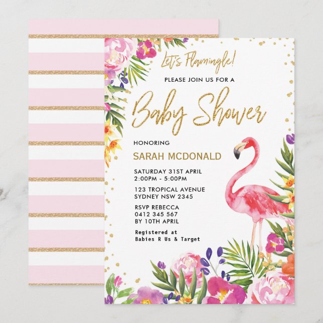 Invitación floral de Baby Shower Flamingo tropical (Anverso / Reverso)