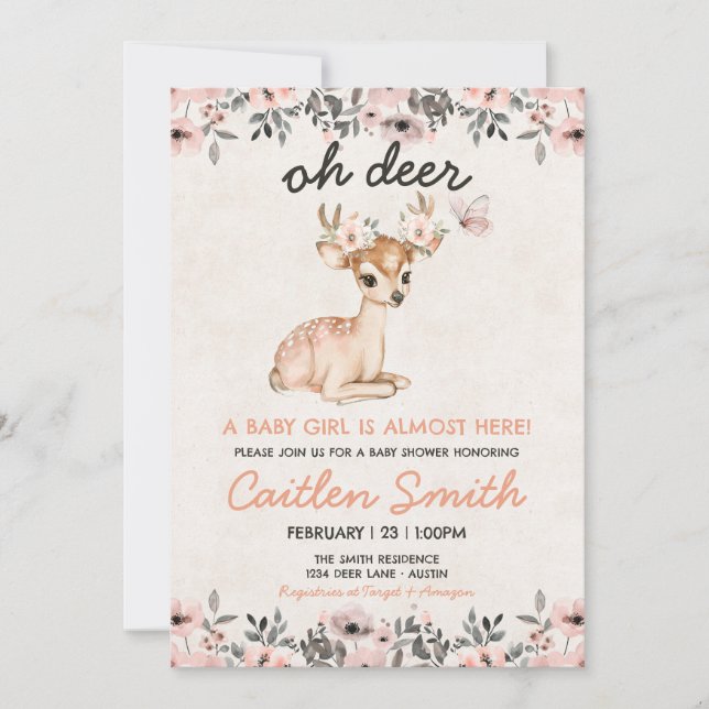 Invitación floral de Baby Shower Pink Oh Deer (Anverso)