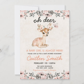 Invitación floral de Baby Shower Pink Oh Deer