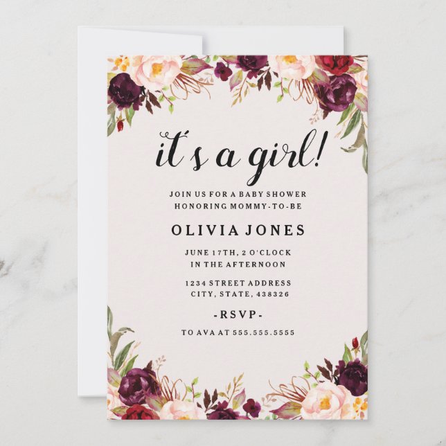 Invitación floral de Baby Shower rosa borgoña (Anverso)