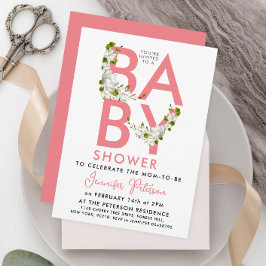 Invitación Floral de Baby Shower rosa pastel de escritura mod