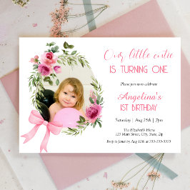 Invitación Floral de barro rosado Pequeña foto cortita cumple