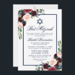 Invitación floral de Bat Mitzvah Blue Burgundy<br><div class="desc">Bat Mitzvah Watercolor Borgoña Marsala Azul Floral Tarjeta de invitación</div>