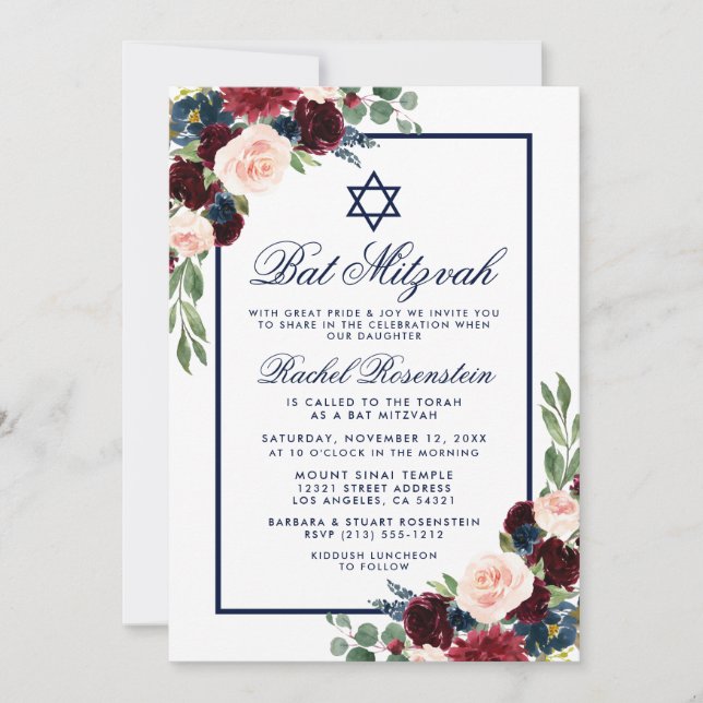Invitación floral de Bat Mitzvah Blue Burgundy (Anverso)