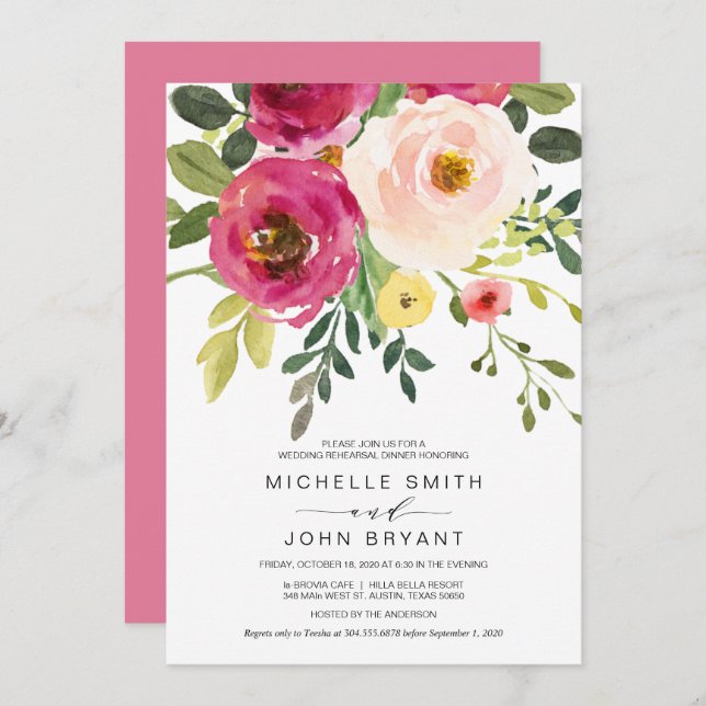 Invitación Floral de belleza rosada de Rubor, cena de ensayo  (Anverso / Reverso)