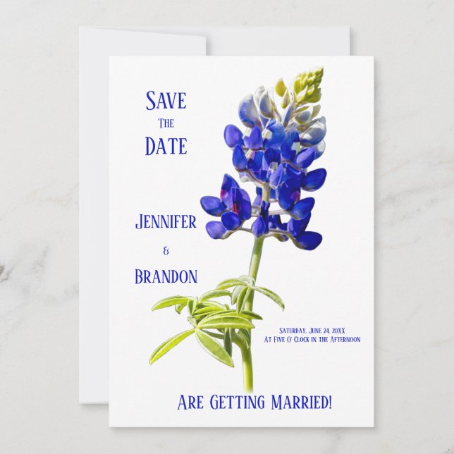 Invitación Floral de Bluebonnet en blanco, Boda Guardar la fe (Anverso)