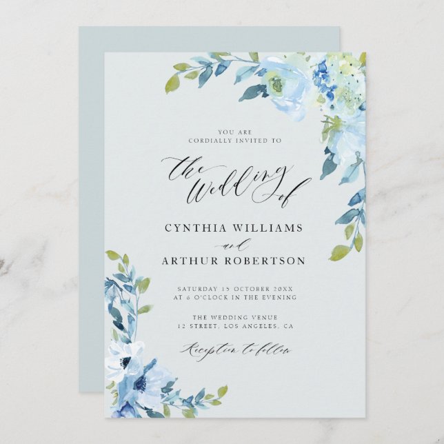 invitación floral de boda azul claro (Anverso / Reverso)