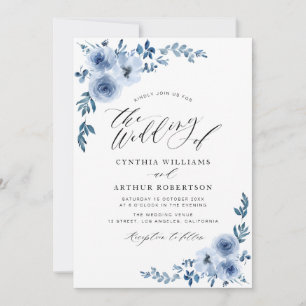 invitación floral de boda azul claro wayercolor
