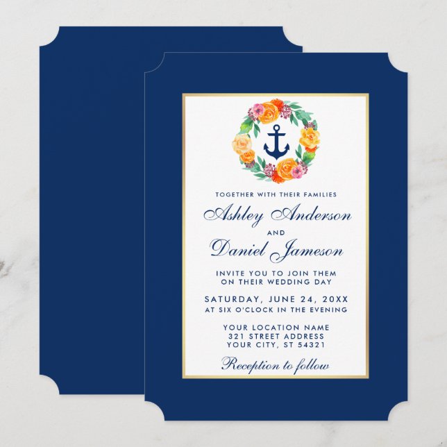 Invitación floral de Boda azul náutico B (Anverso / Reverso)