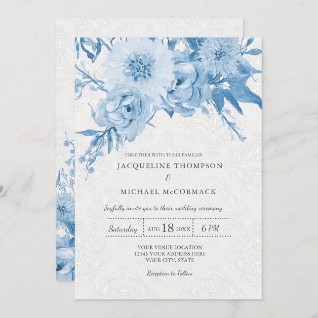 Invitación Floral de boda de la Marina Azul de Chintz Blanco (Anverso / Reverso)