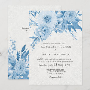Invitación Floral de boda de la Marina Azul de Chintz Blanco