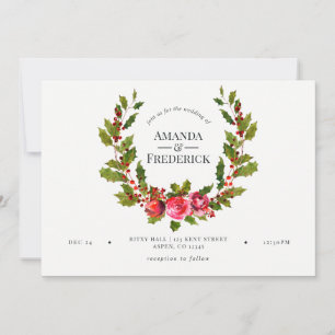 Invitación floral de boda de Navidad con acebo y h